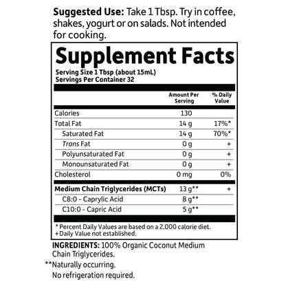 Sustainably sourced non GMO vegan organic MCT oil liquid product packaging detail closeup