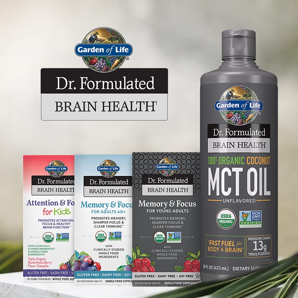 Authentic imported USA Garden of Life brain health coconut supplement clear bottle product display
