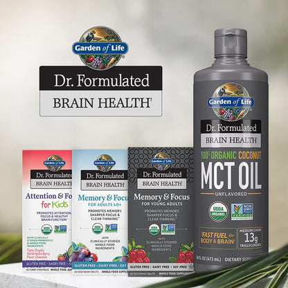 Authentic imported USA Garden of Life brain health coconut supplement clear bottle product display