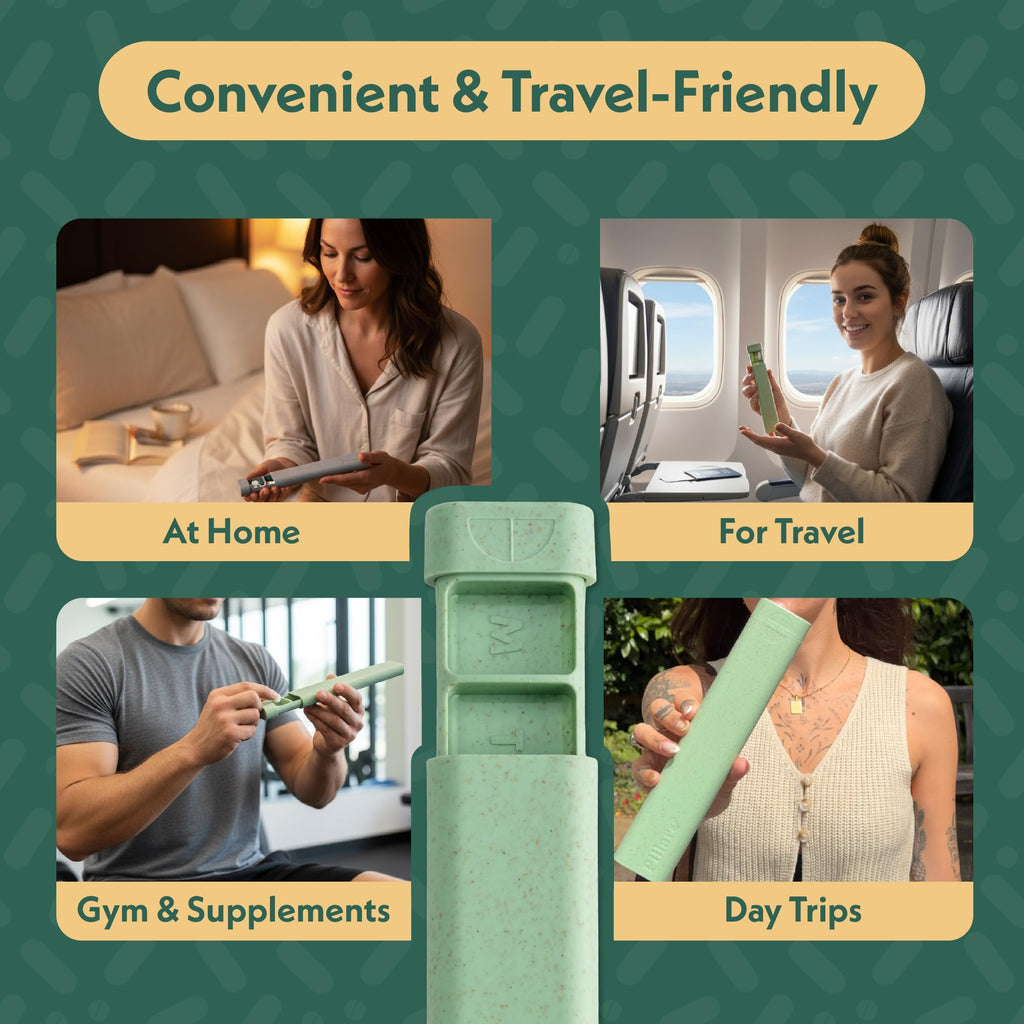 Stylish travel pill case crafted from eco friendly sustainable wheat straw plastic material