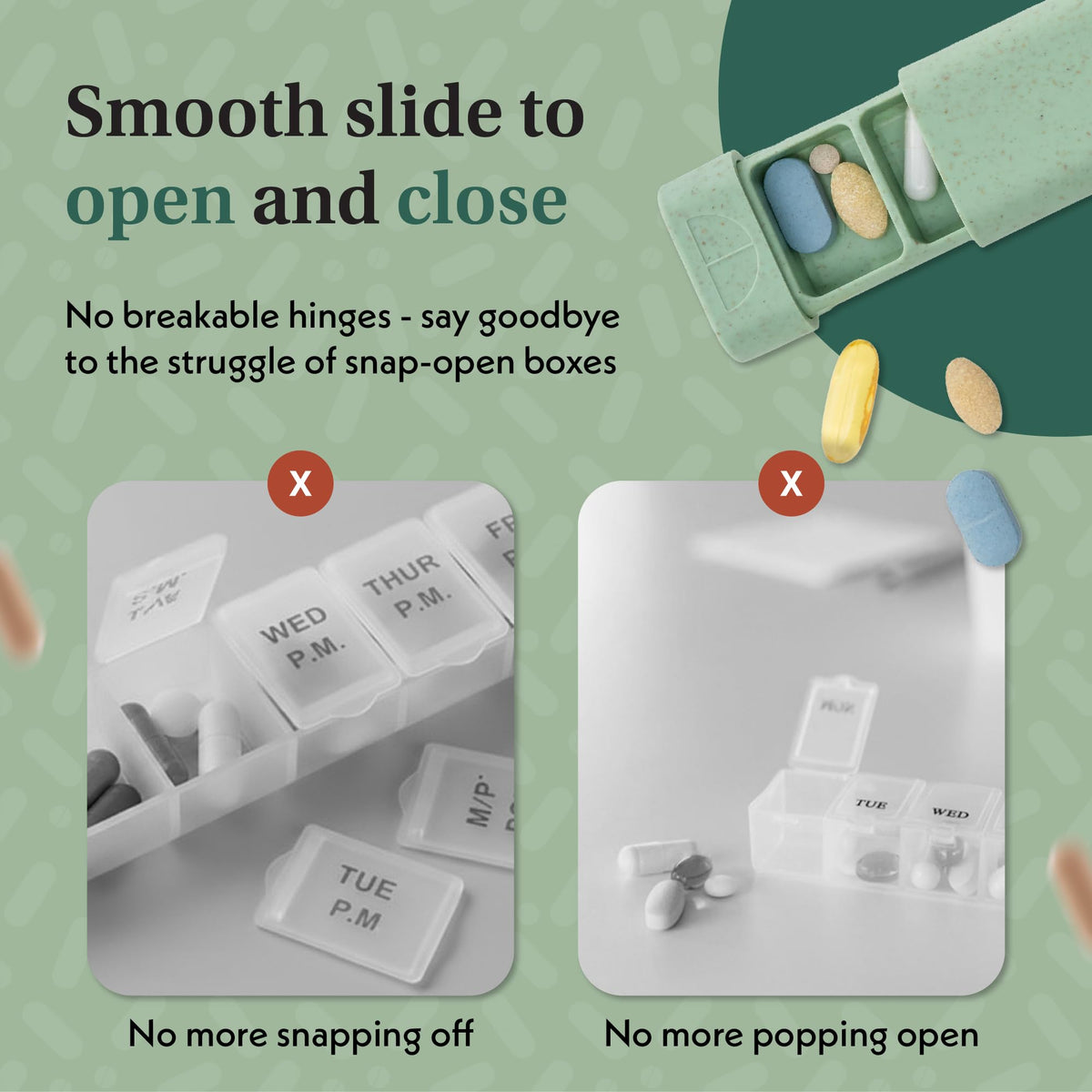 Cute small medication organizer for women displayed open with vitamins stored inside