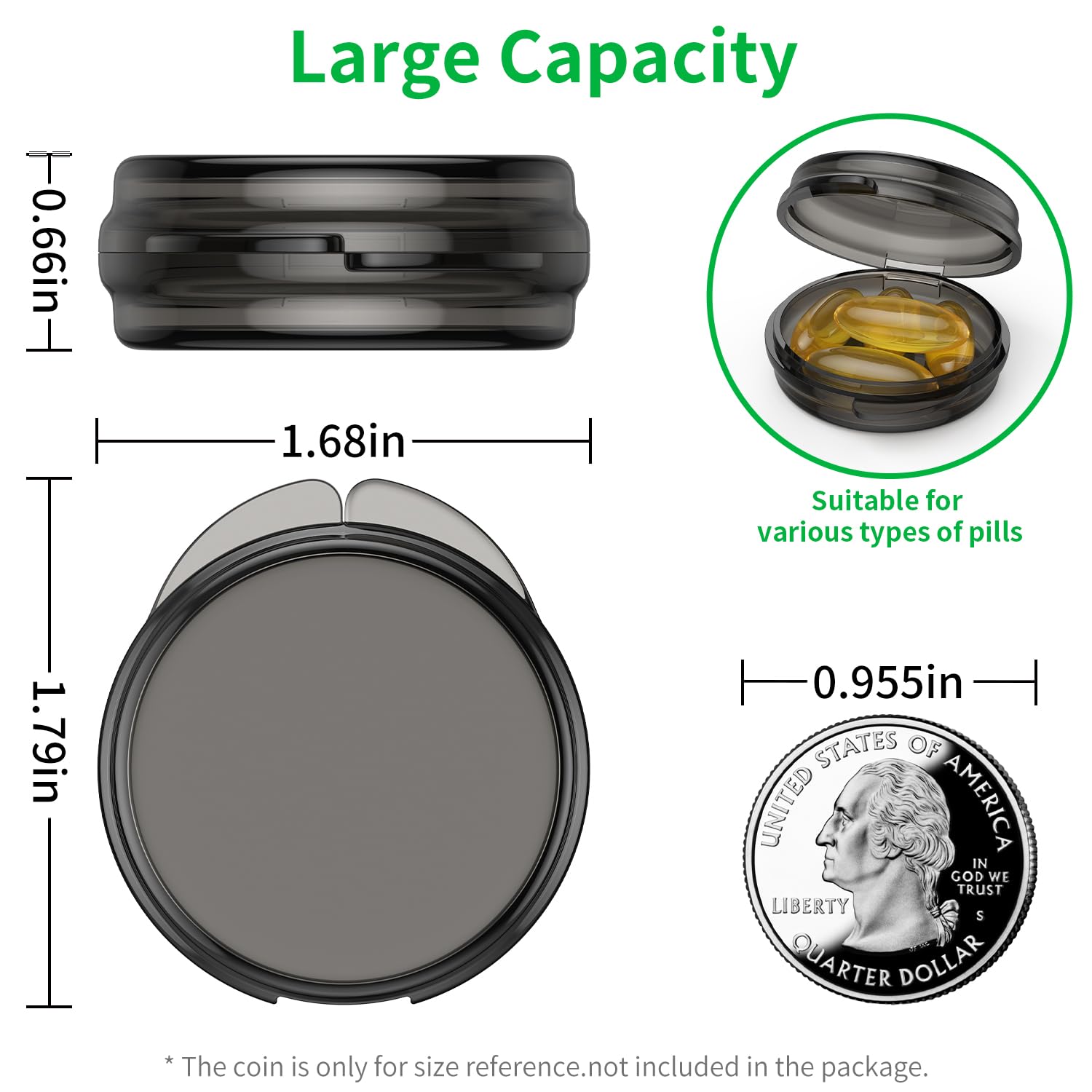 Urekt travel pill case set displayed open with vitamins and fish oil capsules inside.