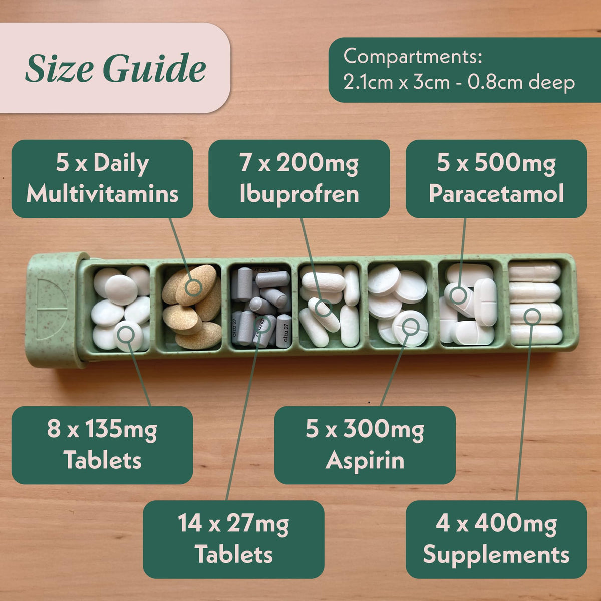 BPA free compact vitamin holder showing portable size comparison for handbags and luggage