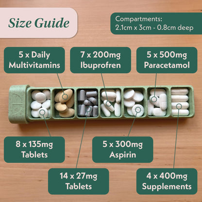 BPA free compact vitamin holder showing portable size comparison for handbags and luggage