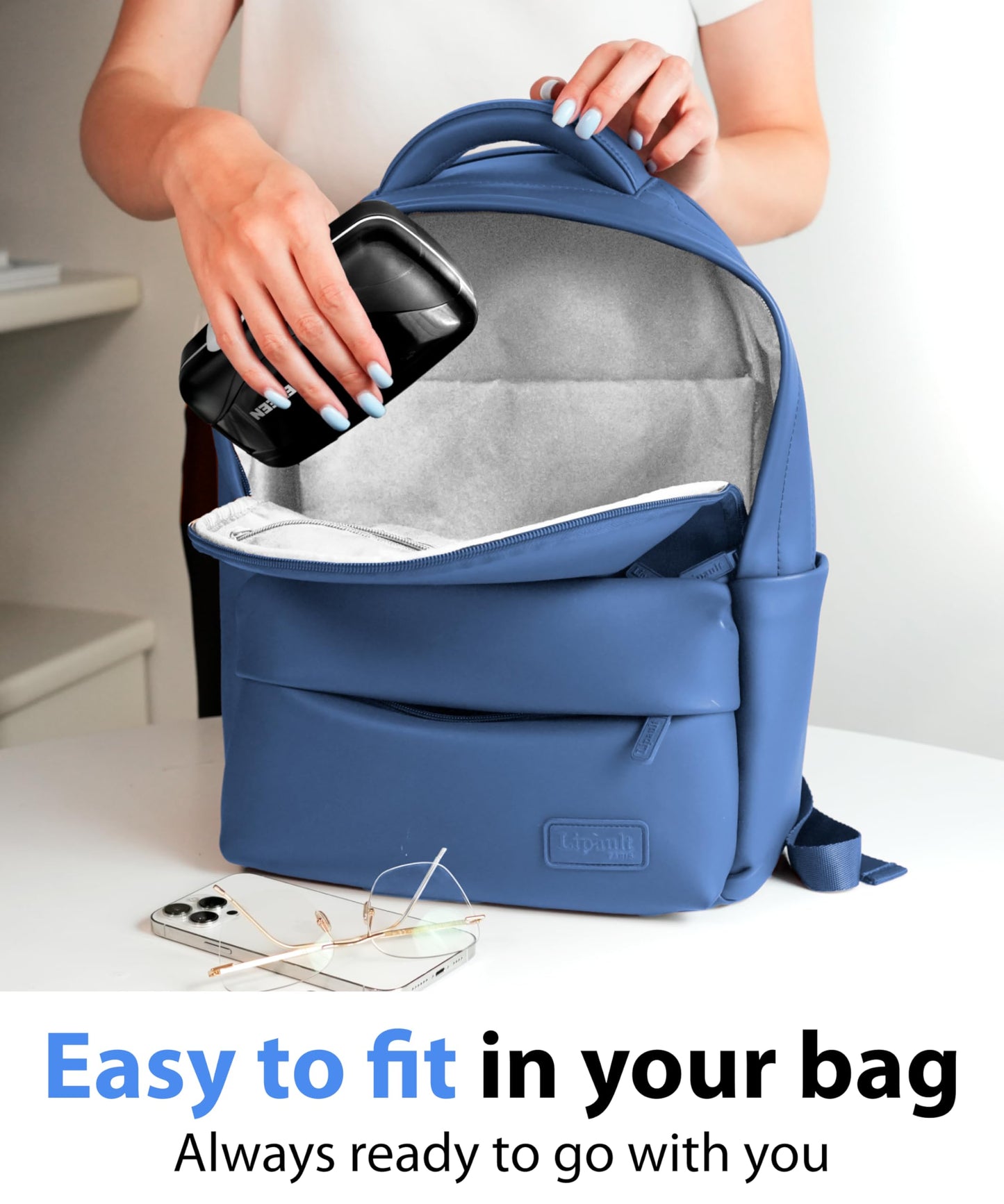 Compact supplement medication holder being placed easily into a travel backpack side pocket.