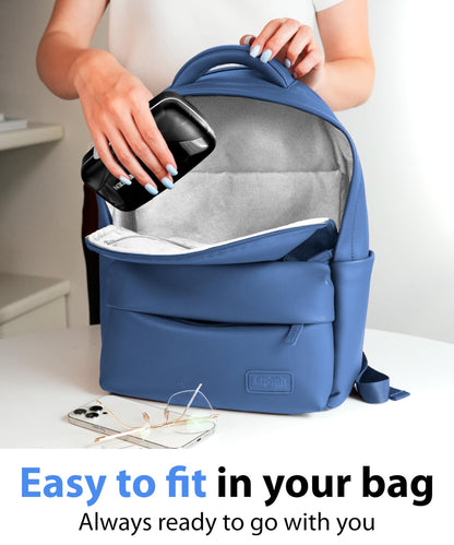 Compact supplement medication holder being placed easily into a travel backpack side pocket.