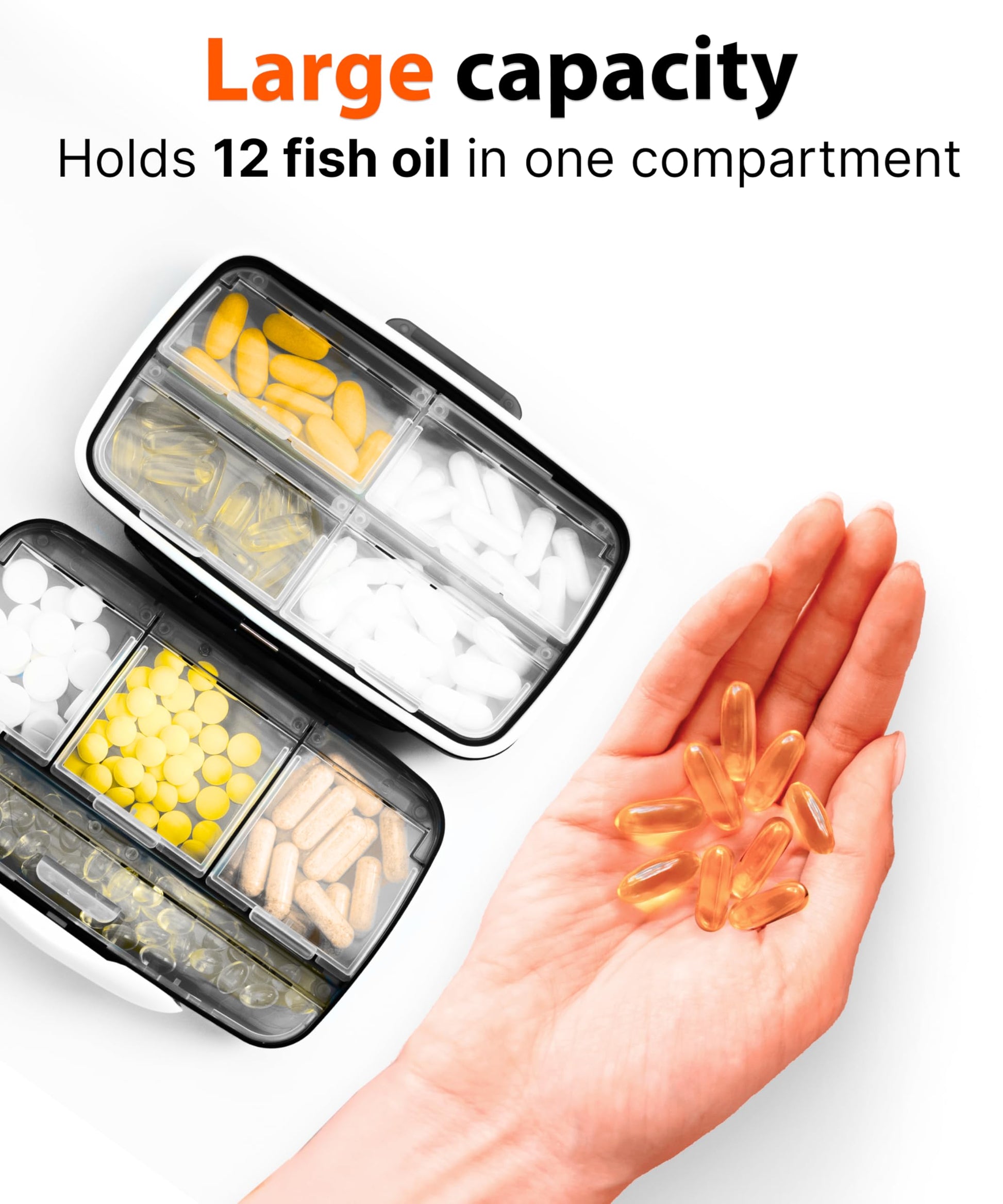 Side angle view highlighting the durable dual-layer protection mechanism of the black pill dispenser.