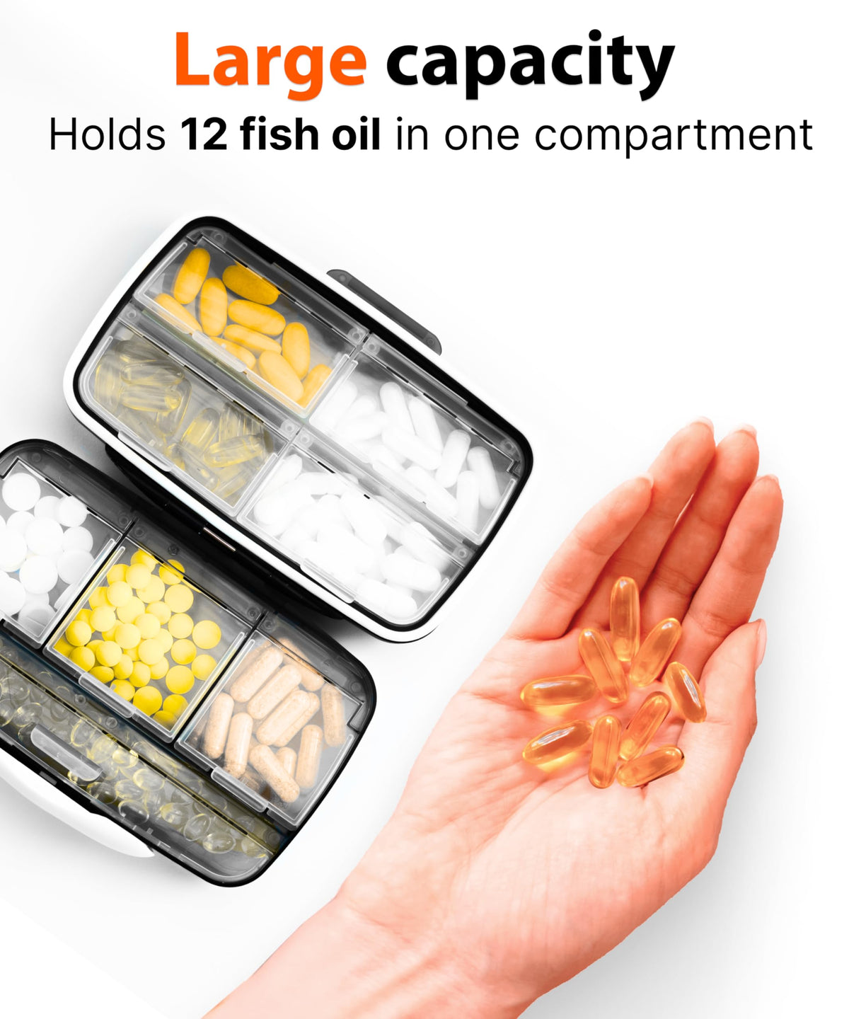 Side angle view highlighting the durable dual-layer protection mechanism of the black pill dispenser.