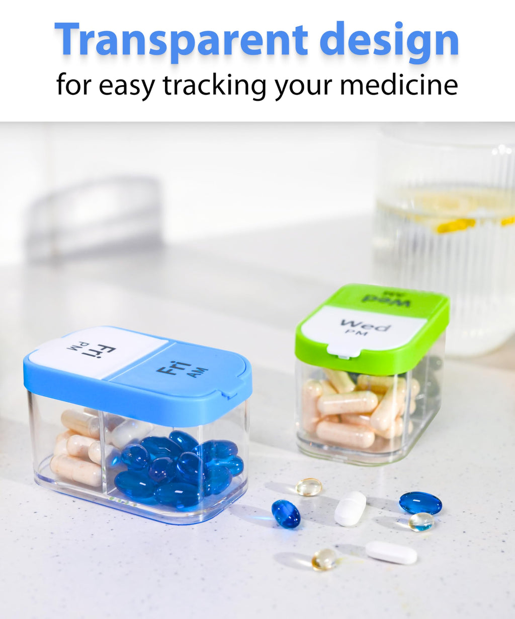 BPA free food grade plastic daily pill case open for easy supplement filling.