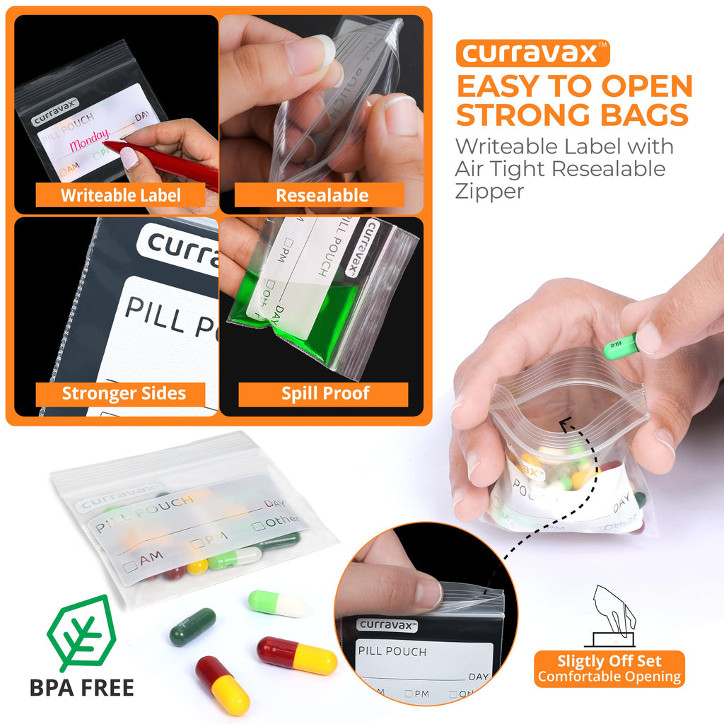 Compact three by two point seventy five inch medicine baggie held in hand to demonstrate travel size.
