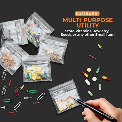 Daily vitamins and prescription capsules organized inside labeled clear ziplock bags.