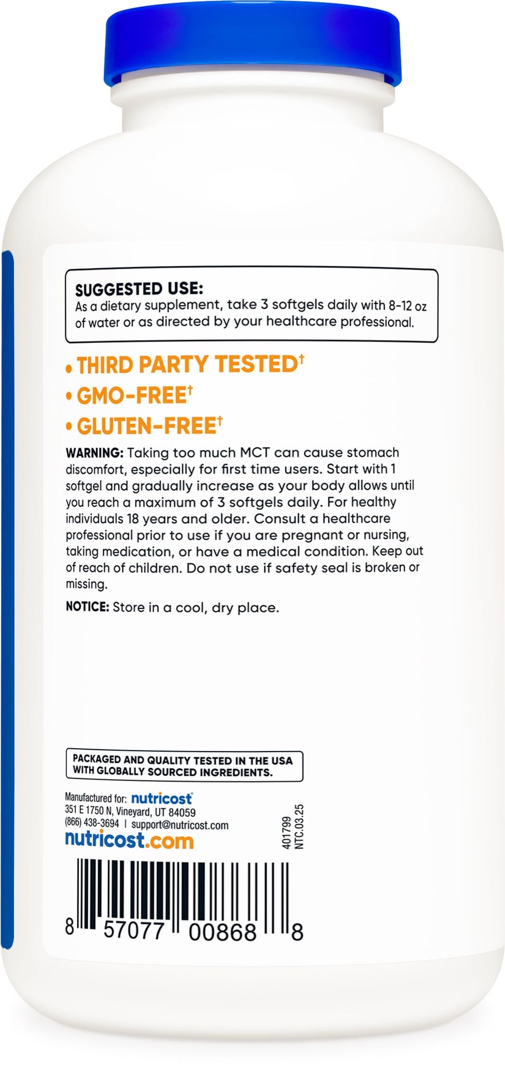 Nutricost MCT Oil Softgels bottle angle view