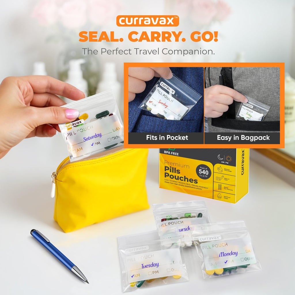 Stack of multiple bisphenol A free travel pill pouches packed neatly inside a travel suitcase.
