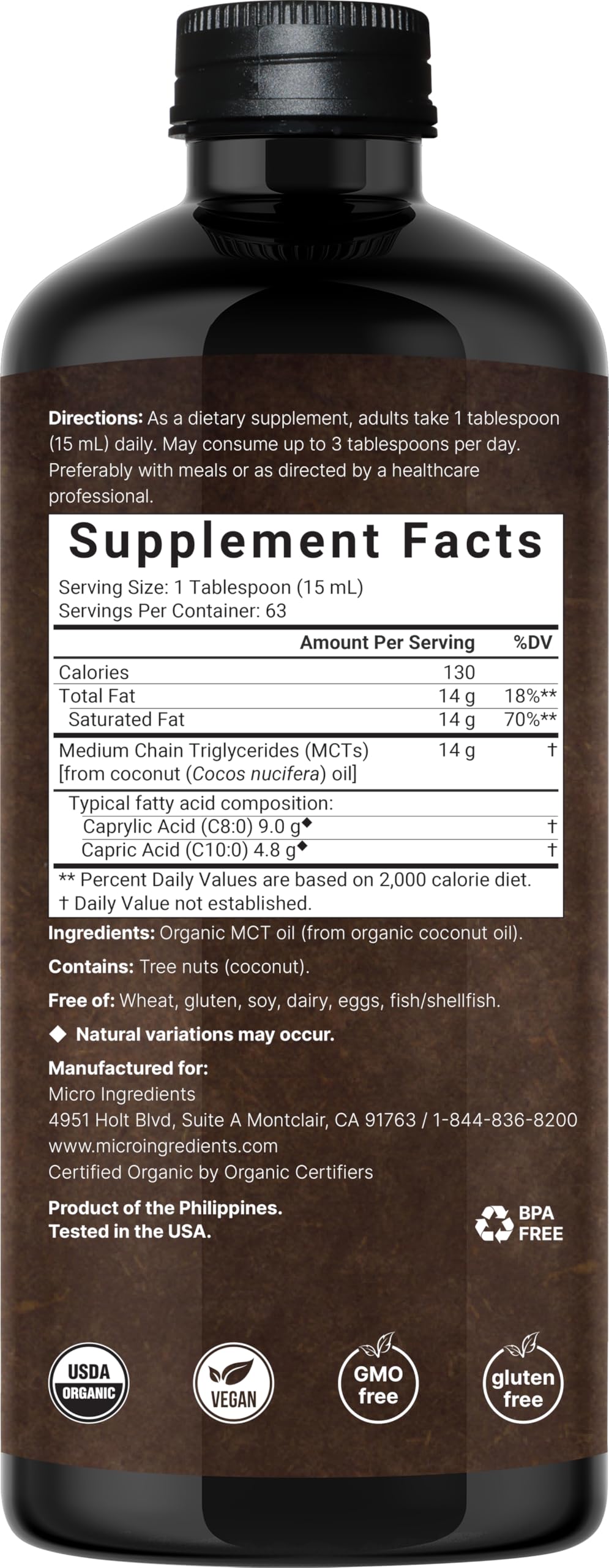 Micro Ingredients MCT oil bottle showing C8 and C10 fatty acids label