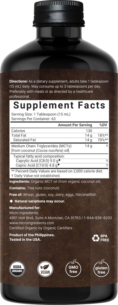 Micro Ingredients MCT oil bottle showing 32 fluid ounces label