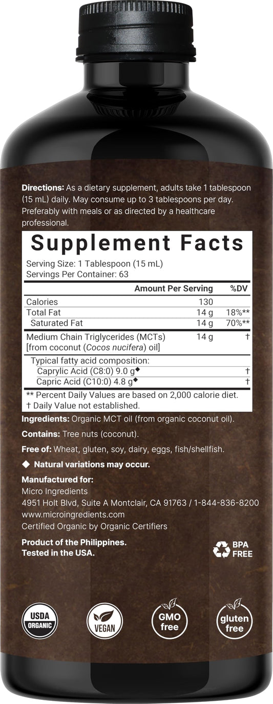 Micro Ingredients MCT oil bottle showing 32 fluid ounces label