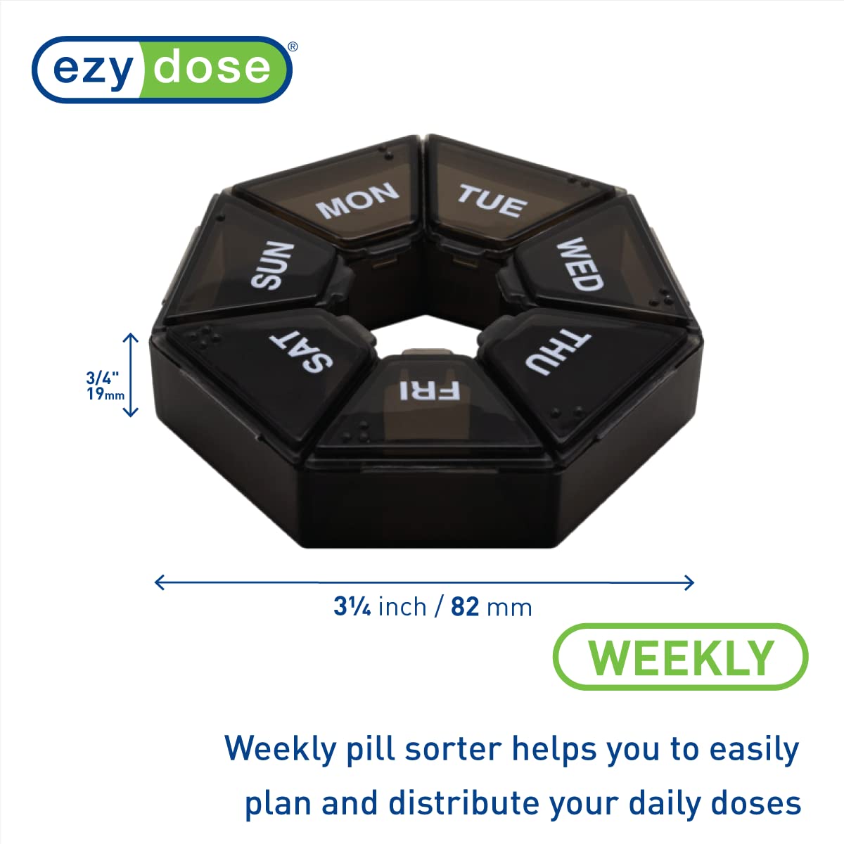 EZY DOSE round medicine container with open transparent lids displaying the internal storage capacity.