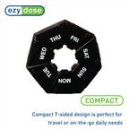 Side profile angle of the EZY DOSE seven sided weekly pill box highlighting the secure locking lid mechanism.