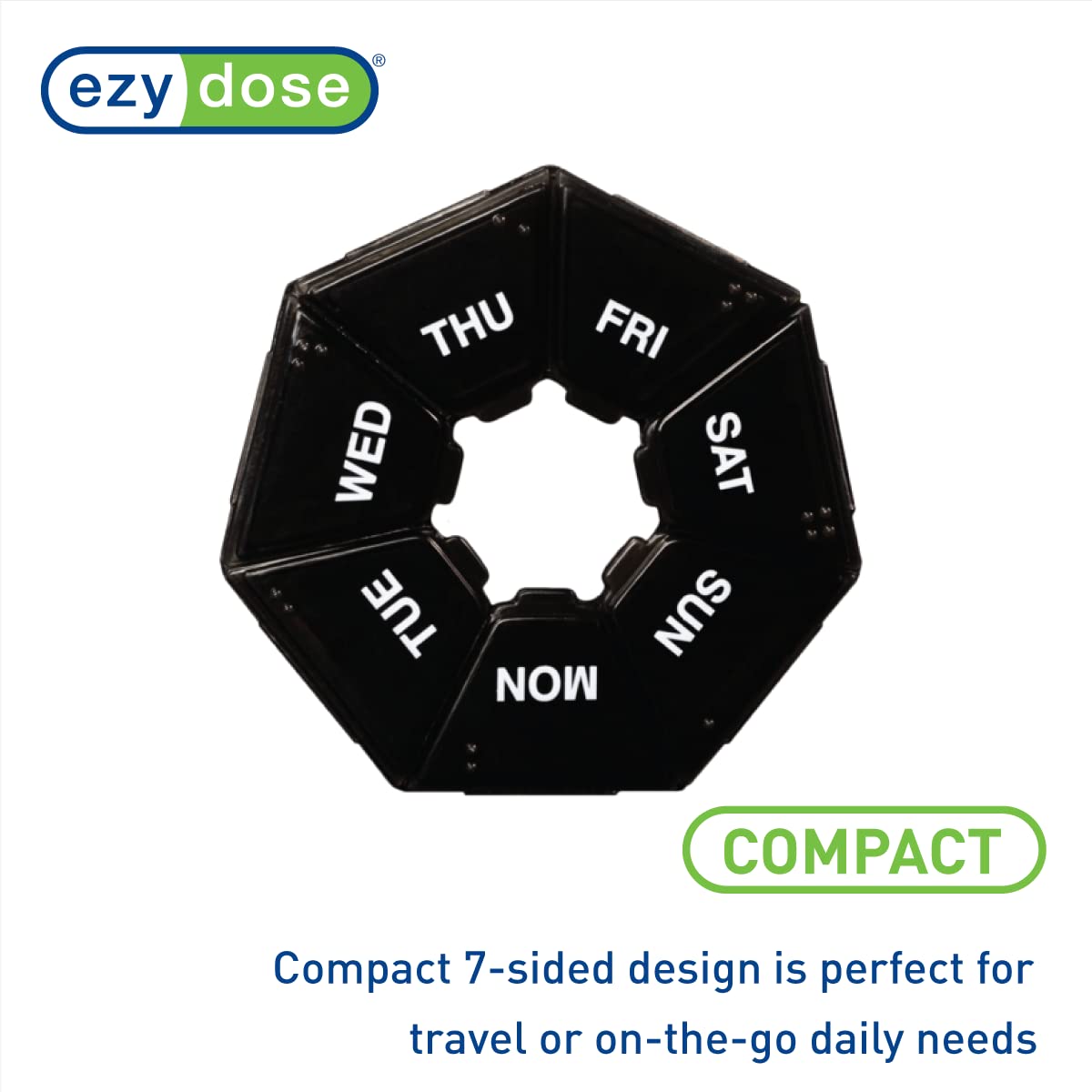 Side profile angle of the EZY DOSE seven sided weekly pill box highlighting the secure locking lid mechanism.