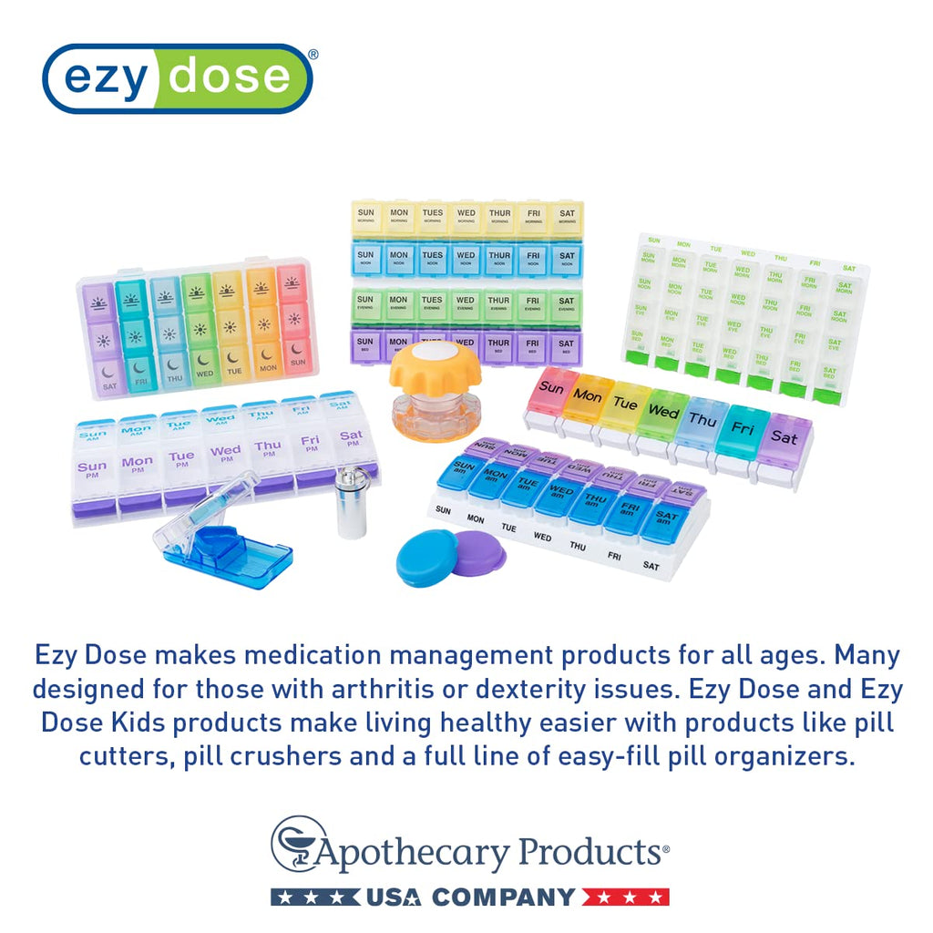 EZY DOSE daily supplement storage case held in hand to demonstrate the lightweight palm sized design.