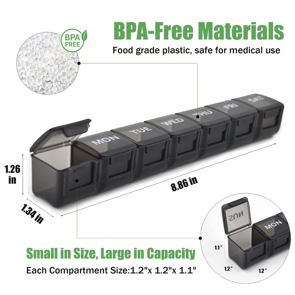 Large 7 day pill case with open compartments holding fish oil capsules and vitamins