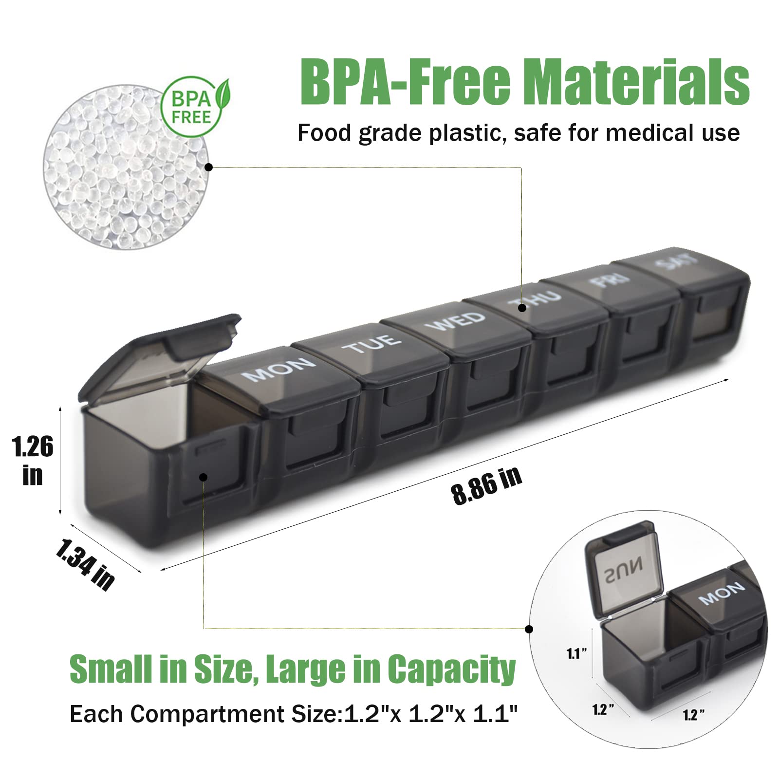 Large 7 day pill case with open compartments holding fish oil capsules and vitamins