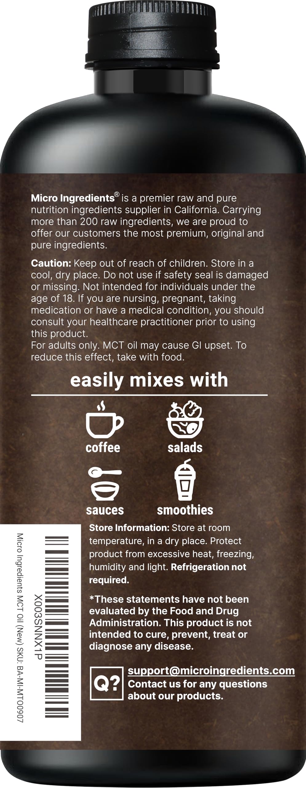 Micro Ingredients organic certified seal on MCT oil packaging