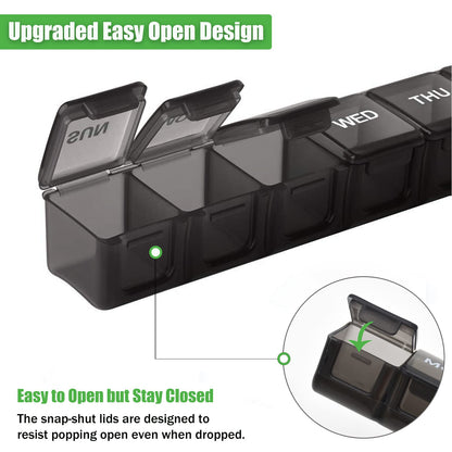 BPA free daily vitamin case medicine box showing secure snap shut lid design