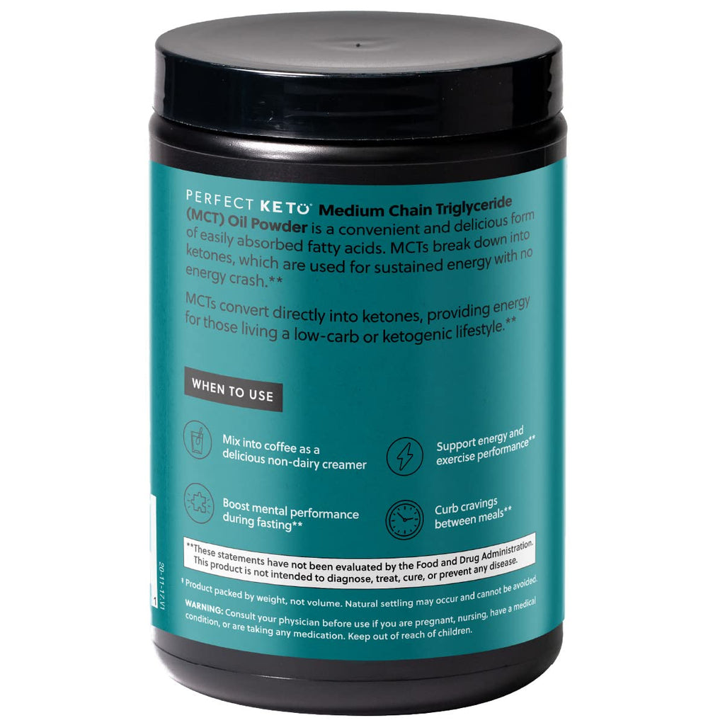 Scoop of powdered ketogenic supplement next to jar