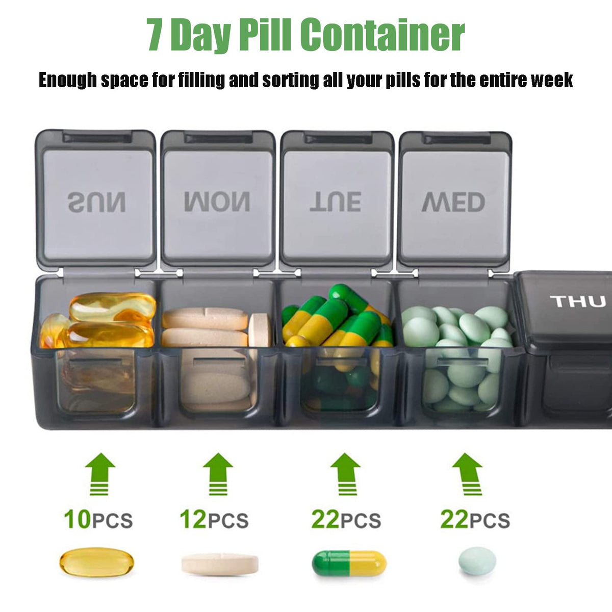 AM PM pill containers for medicine supplements with clear weekday labels