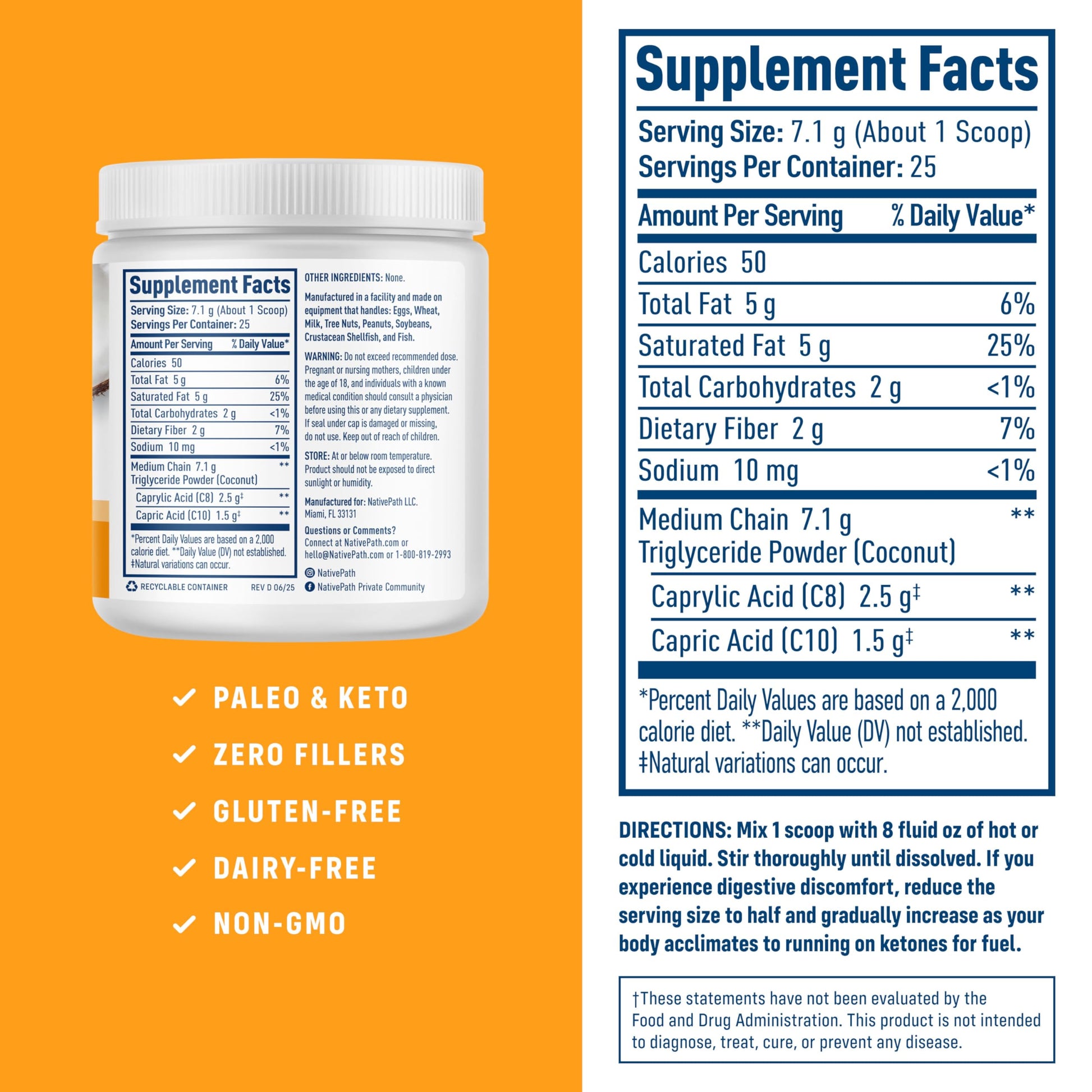 NativePath MCT Oil Powder nutritional label and ingredients