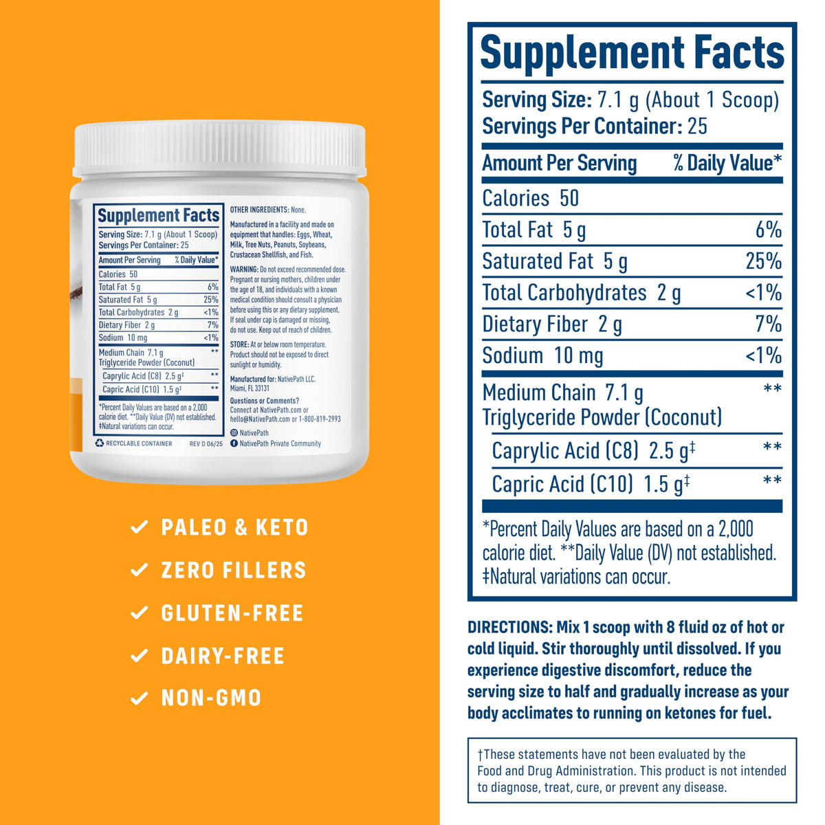 NativePath MCT Oil Powder nutrition facts label detail