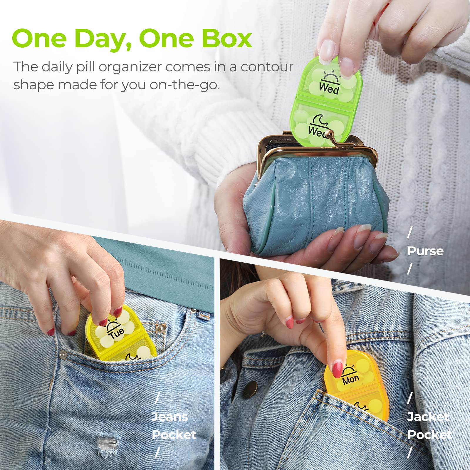 AUVON twice a day pill planner showing secure push button closeups.