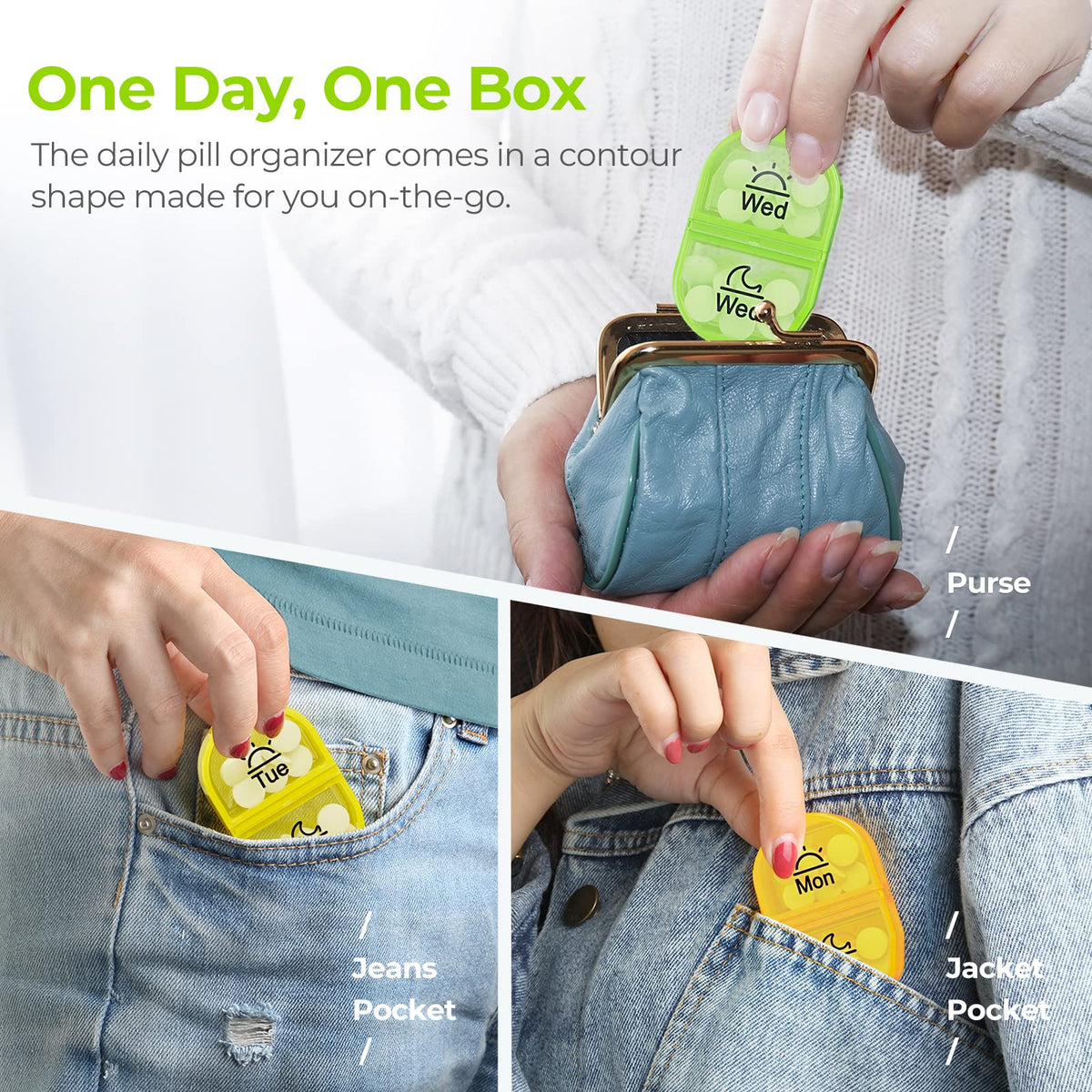 AUVON twice a day pill planner showing secure push button closeups.