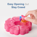Side profile of KAPENS red 7 day pill container highlighting secure snap lids