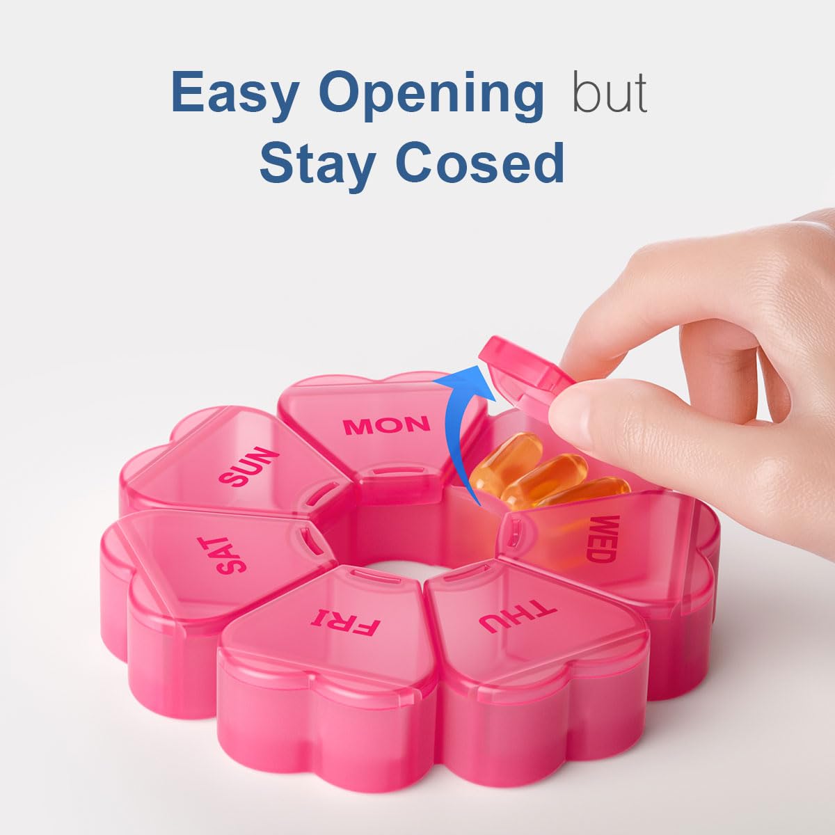 Side profile of KAPENS red 7 day pill container highlighting secure snap lids