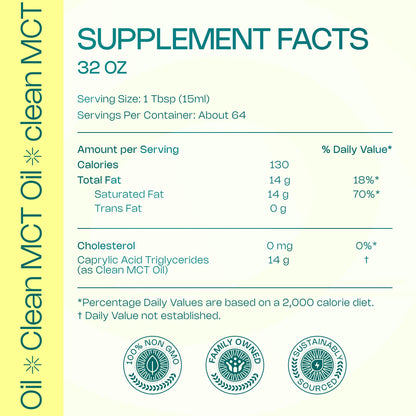 Side angle of the caprylic acid bottle highlighting the pure coconut origin and non-GMO certification details.