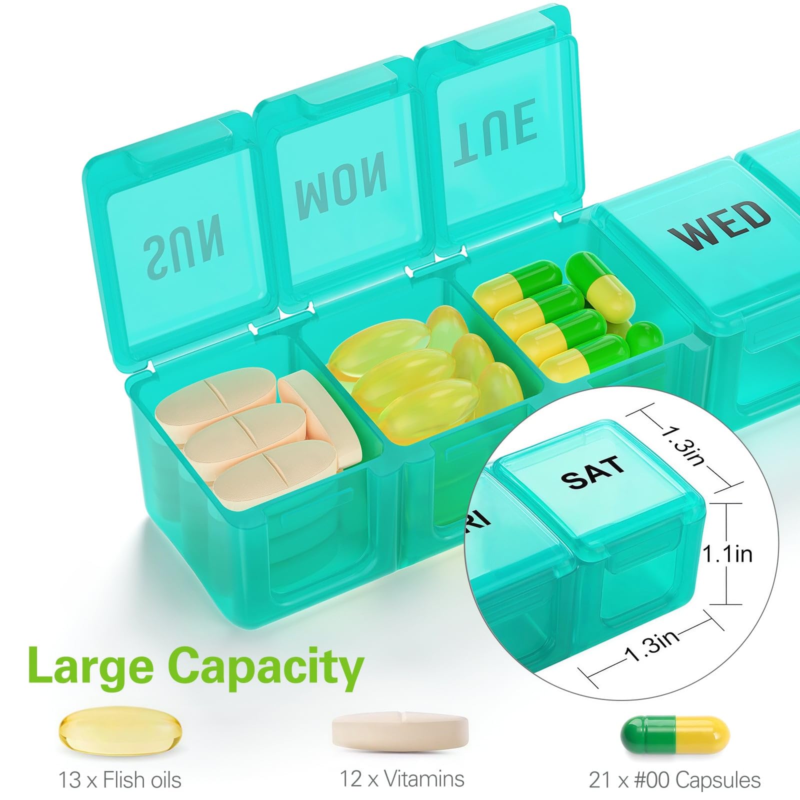Bug Hull seven day travel medicine box with open compartments displaying spacious storage capacity