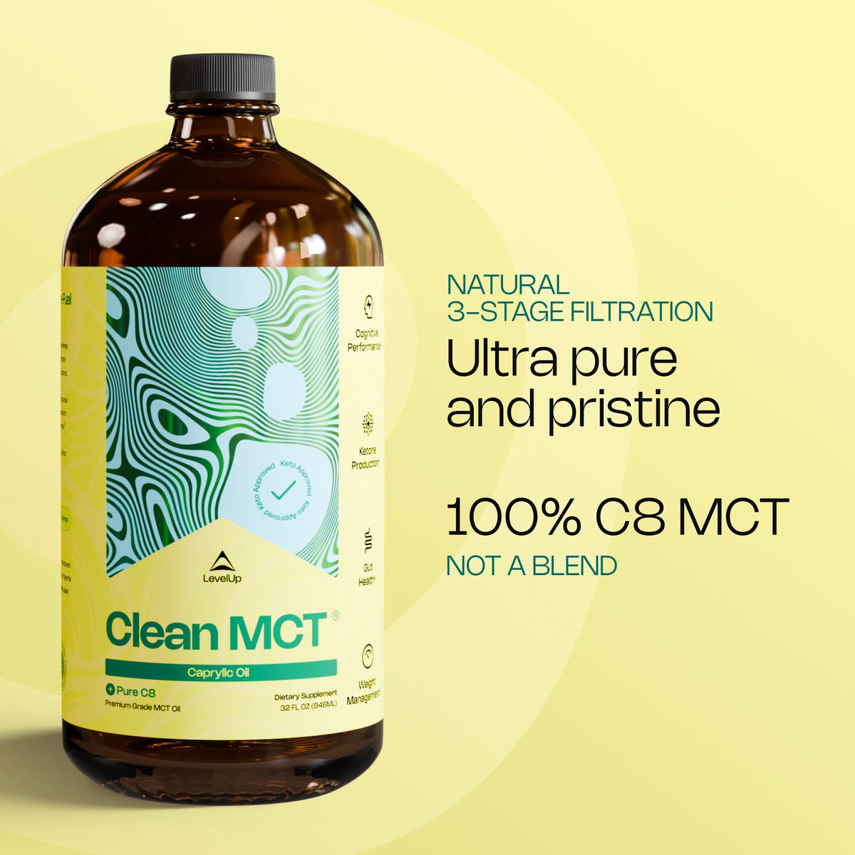 Close up of the amber glass bottle showcasing the authentic imported packaging of this premium ketogenic fuel.