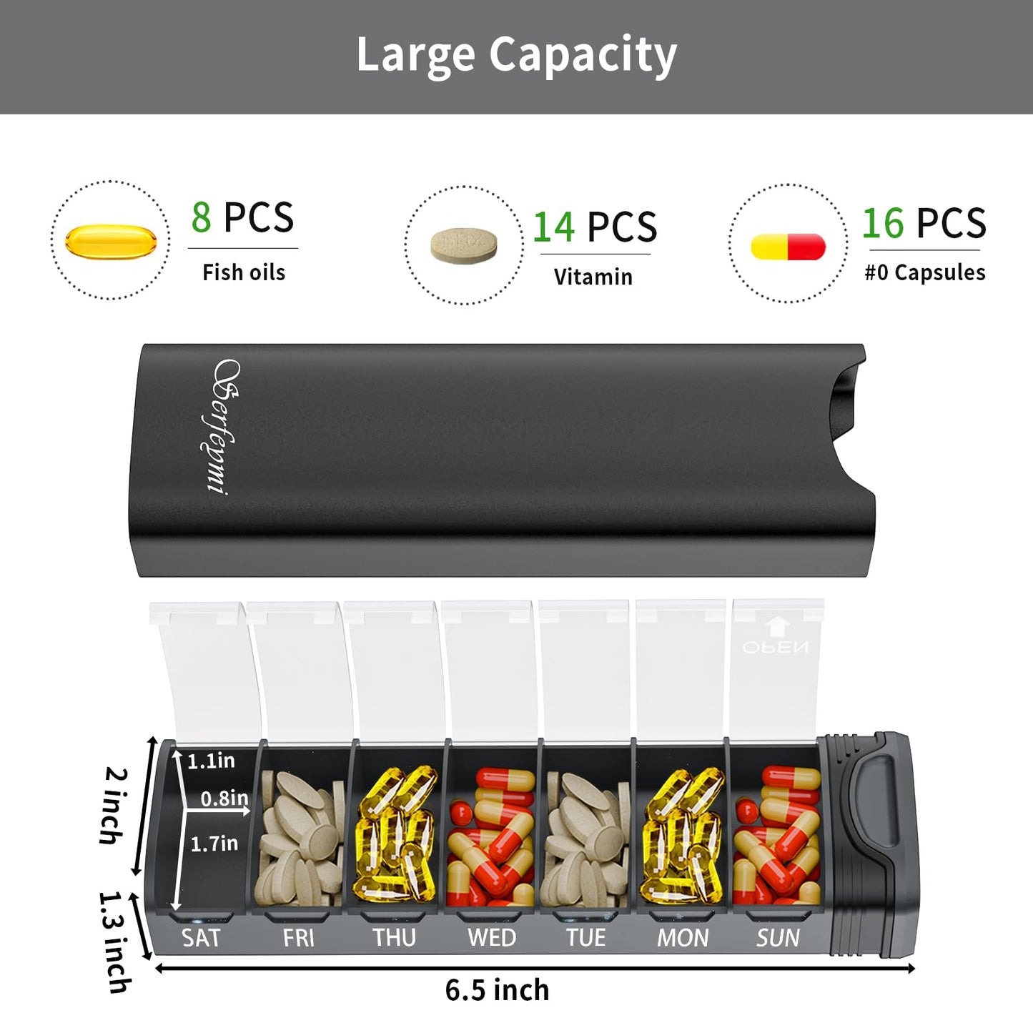 Compact travel size medicine holder protecting capsules inside a handbag compartment