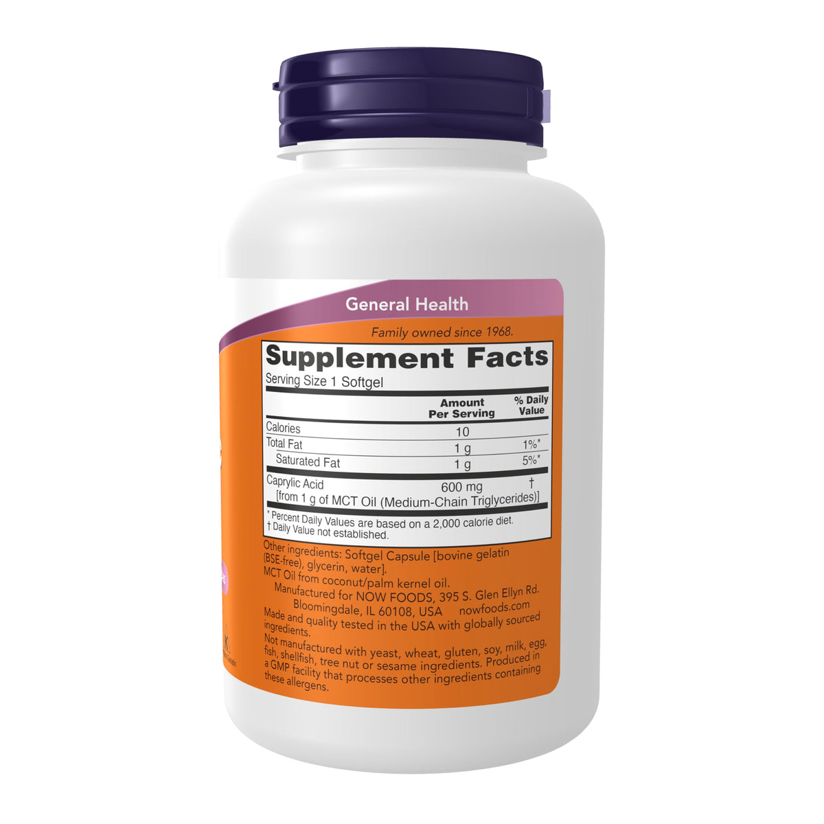 Now Foods Caprylic Acid supplement facts and nutritional panel label