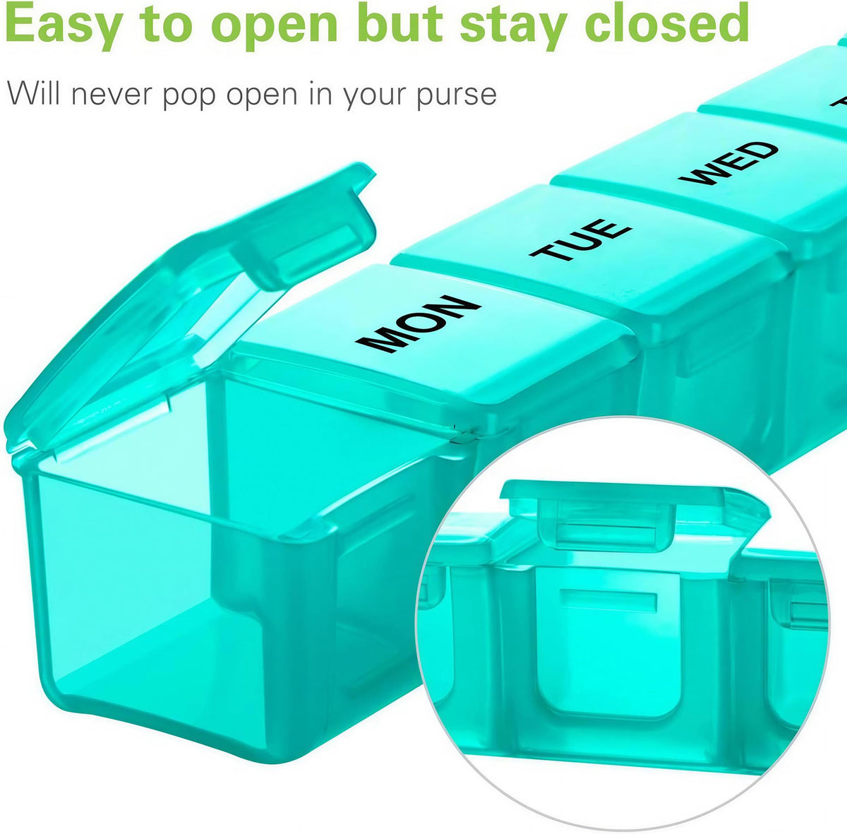 Bug Hull extra large pill case showing moisture proof sealing loop on the secure lid