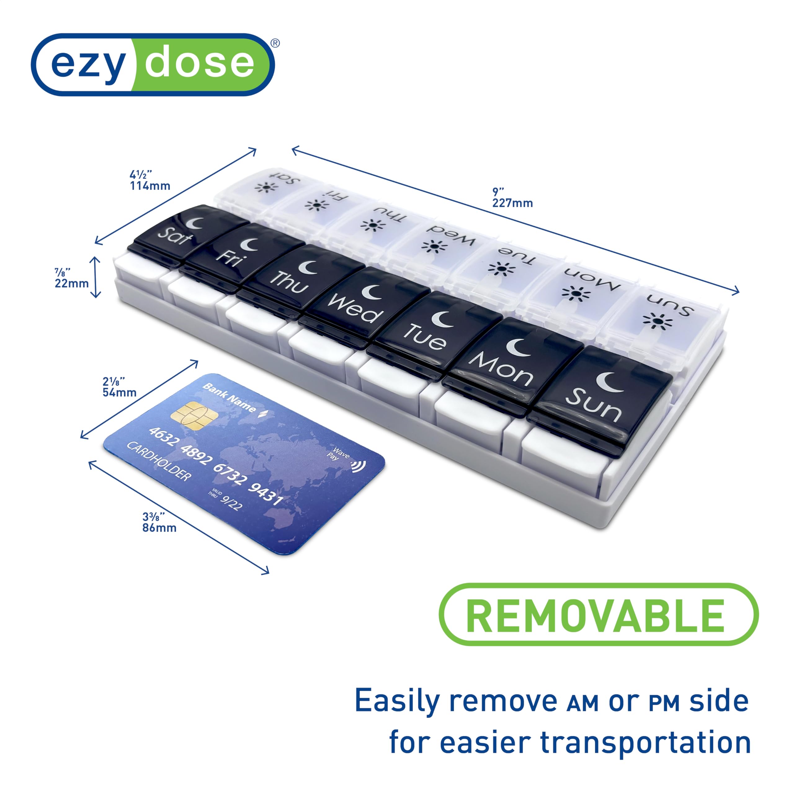 Close up view of the black and white lids on the Ezy Dose weekly vitamin organizer featuring easy open spring mechanism tabs.