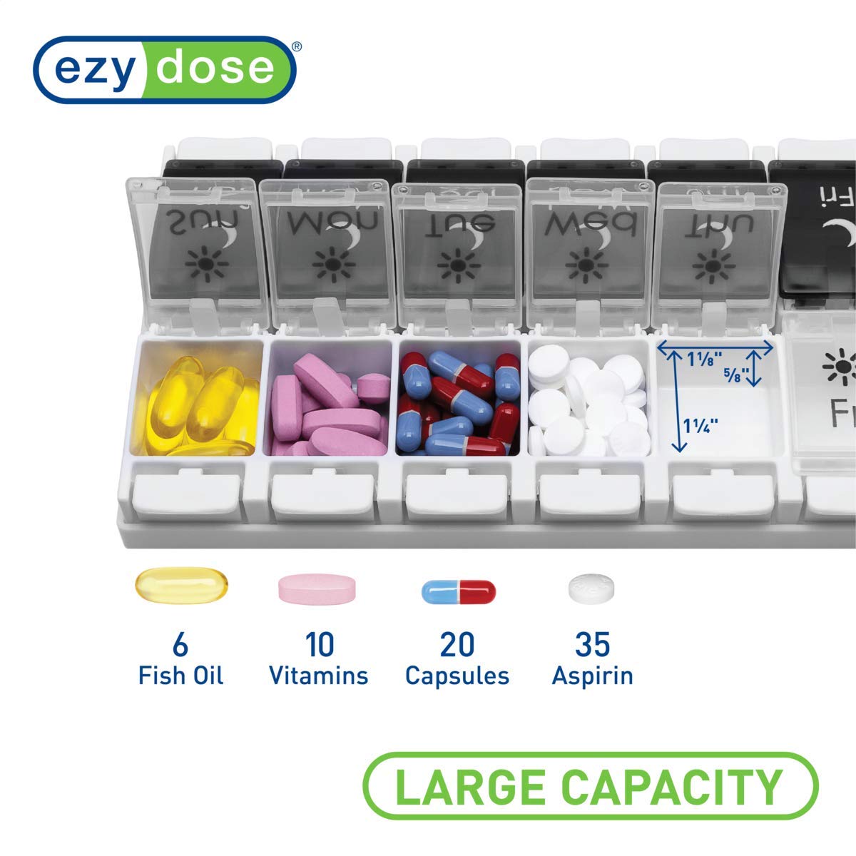 Side angle of the arthritis friendly medicine container highlighting the deep food grade plastic slots for heavy supplement storage.