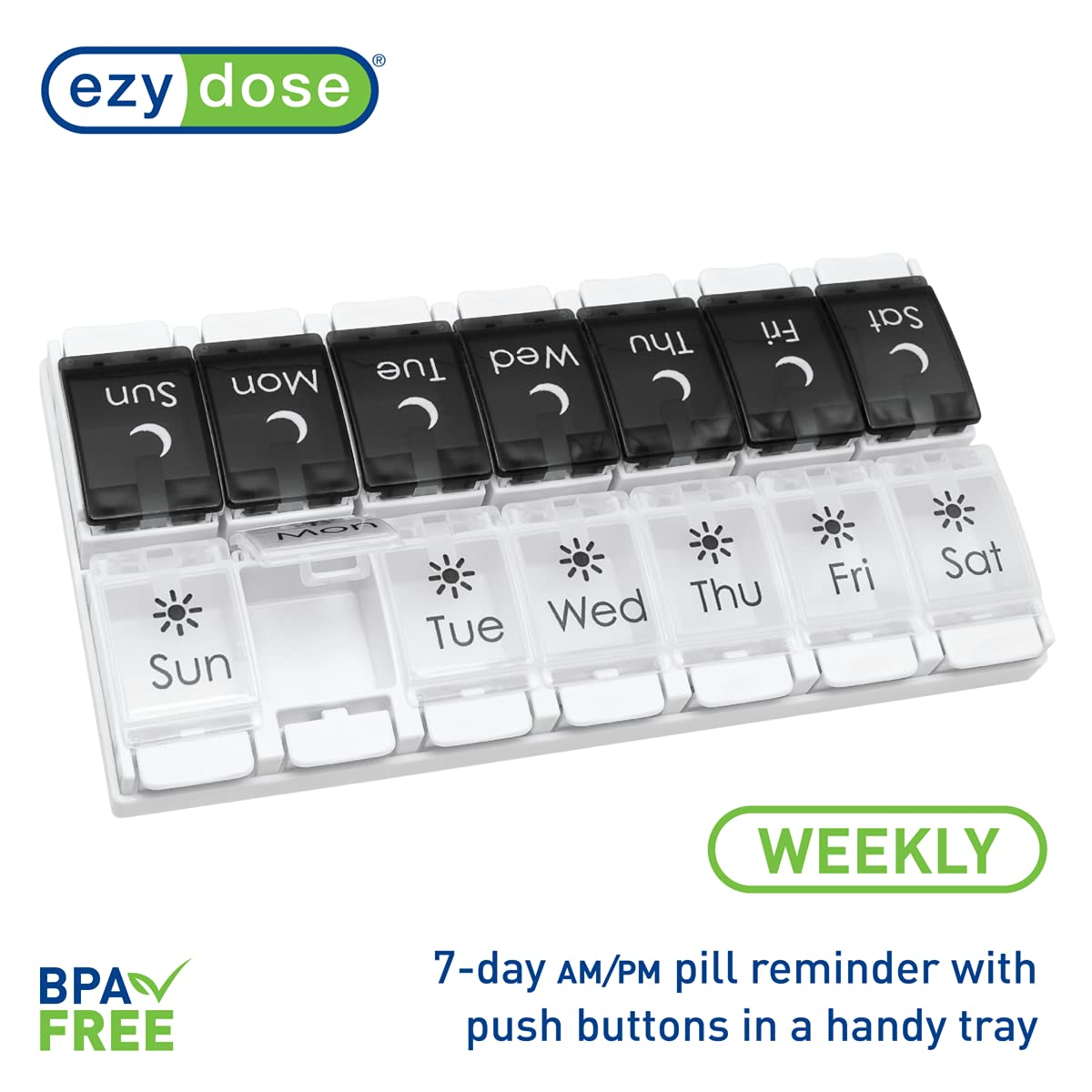 Top down perspective of the 7 day pill container showing clear sun and moon icons for effortless morning and night tracking.