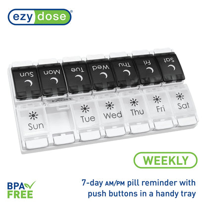 Top down perspective of the 7 day pill container showing clear sun and moon icons for effortless morning and night tracking.