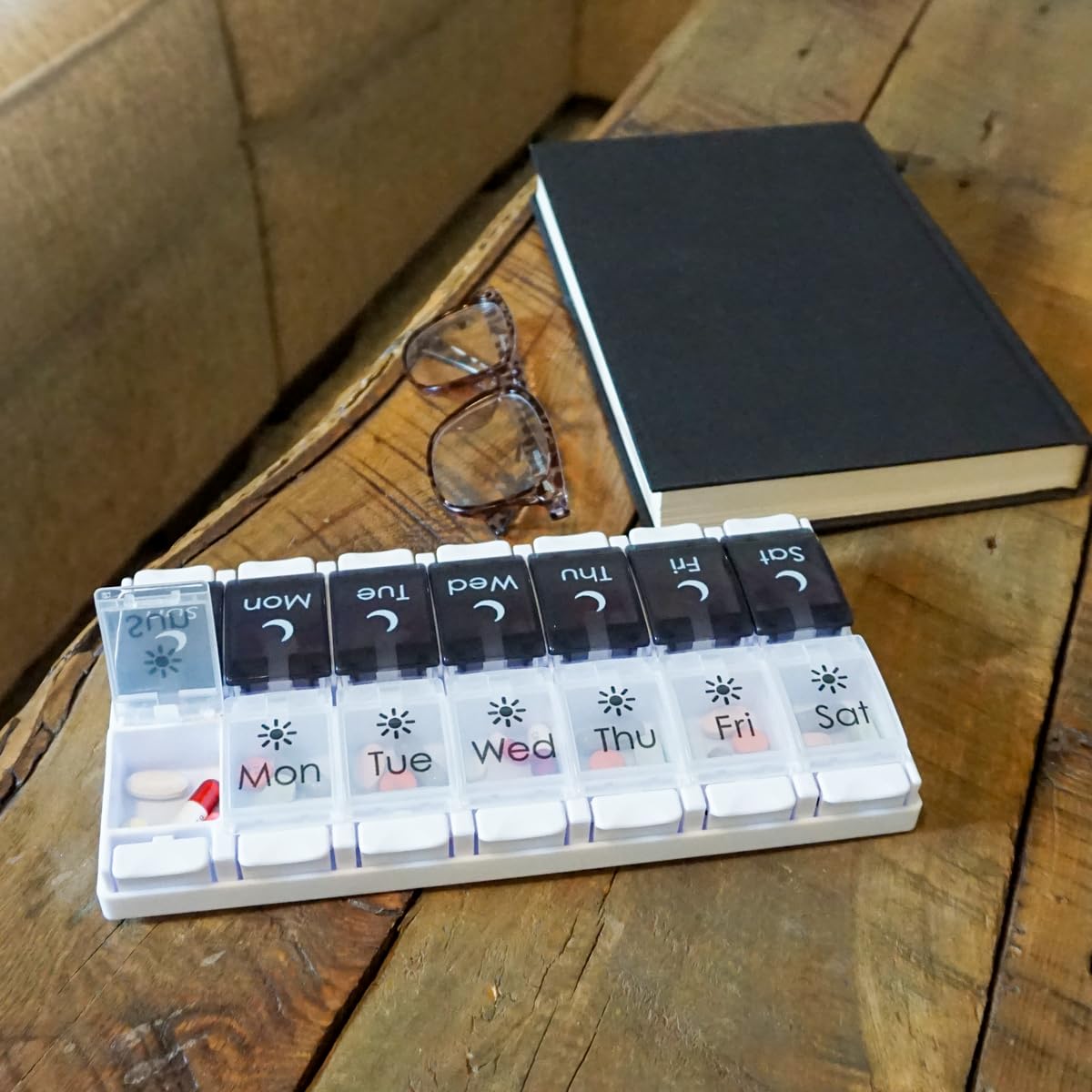 Durable BPA free plastic construction details of the Ezy Dose imported health organizer showing high quality design engineering.