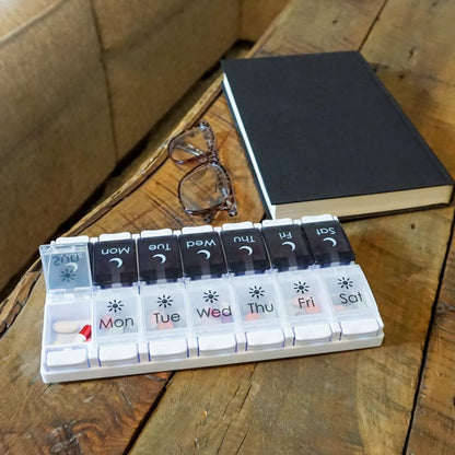 Durable BPA free plastic construction details of the Ezy Dose imported health organizer showing high quality design engineering.