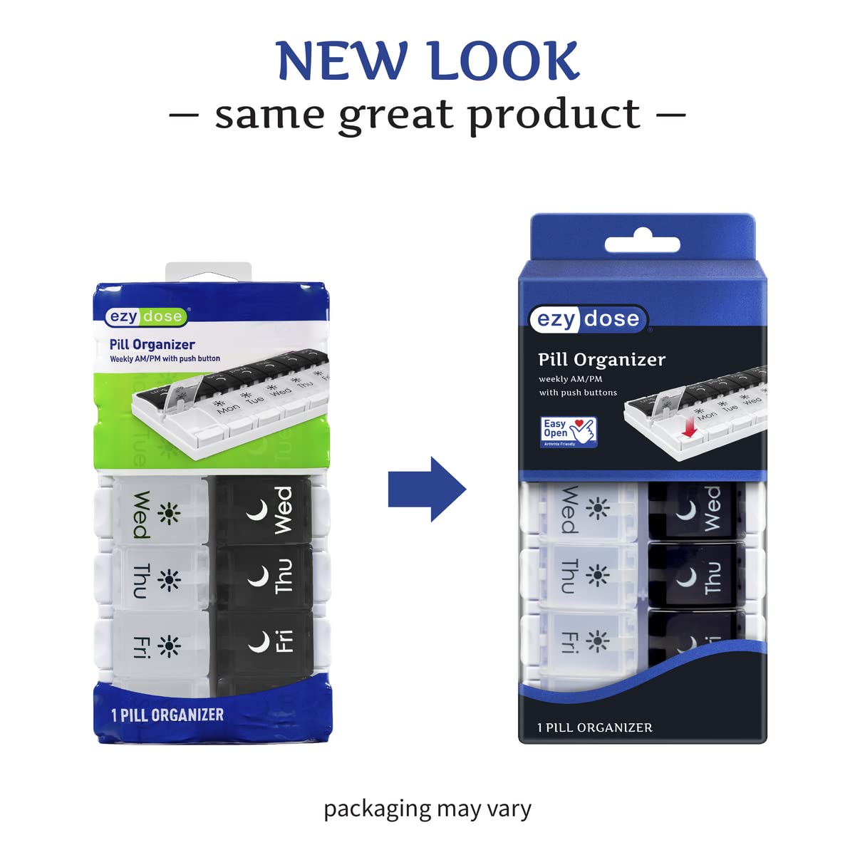 Packaging view of the USA imported Ezy Dose Push Button weekly pill planner showcasing the premium personal care product details.