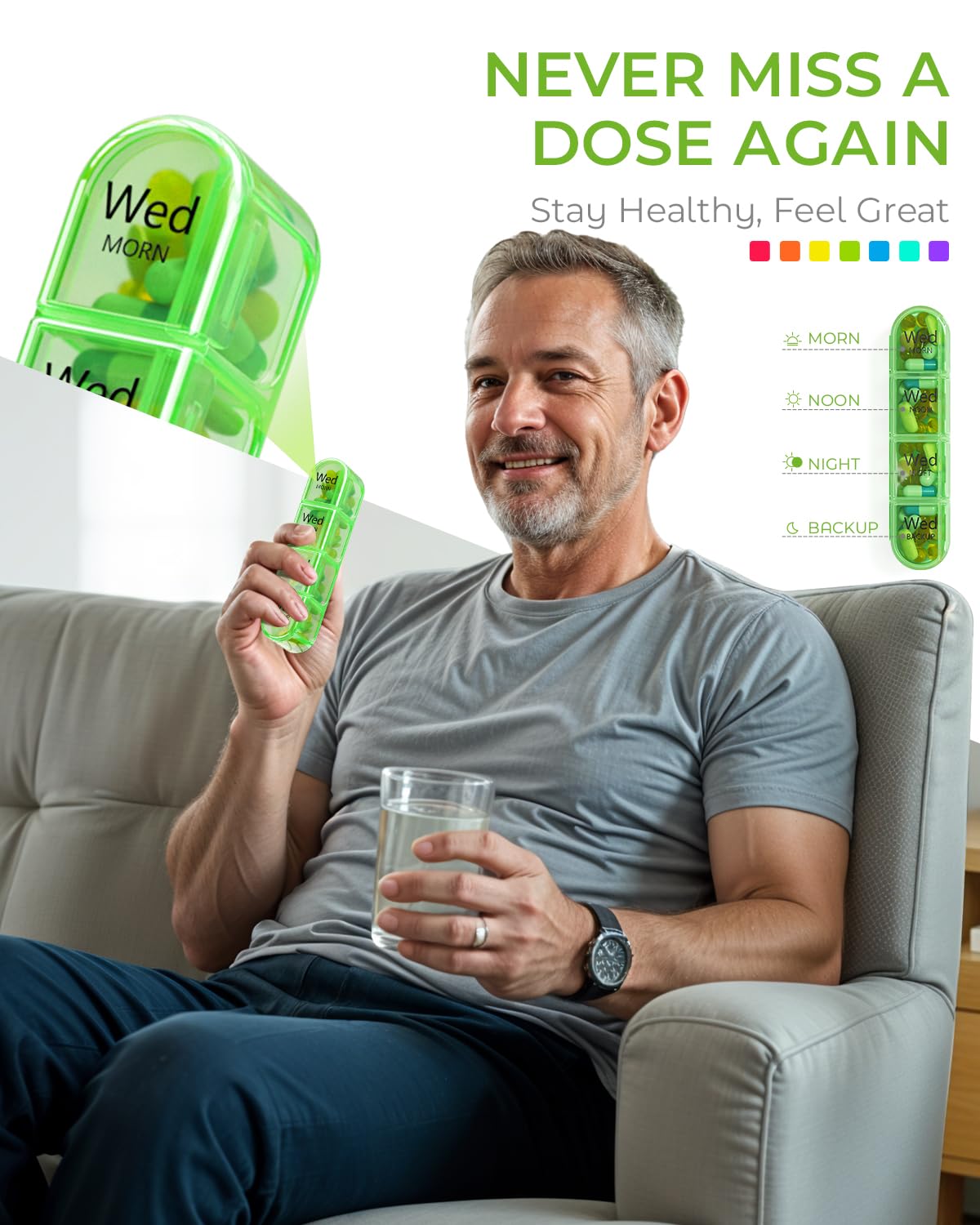Elderly user easily opening the arthritis friendly lid of the four times a day vitamin holder